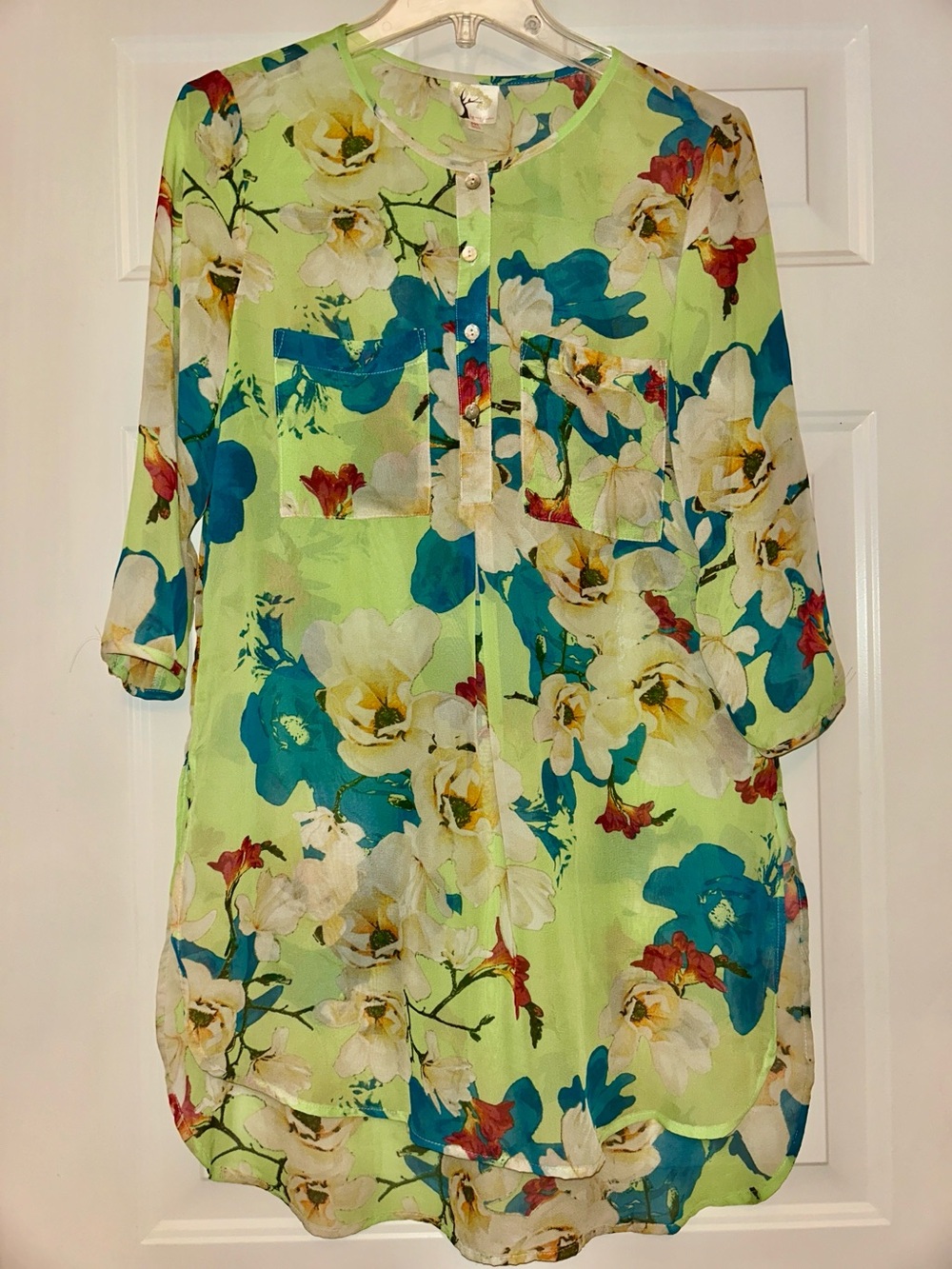 Fig & Flower Kendra Floral Sheer Tunic M Lime Swim Coverup Colorful Relaxed
